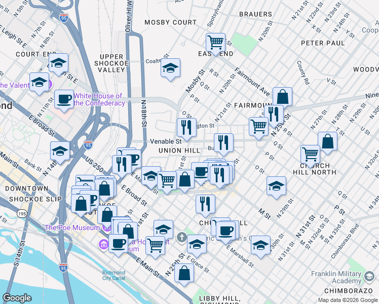 map of restaurants, bars, coffee shops, grocery stores, and more near in Richmond
