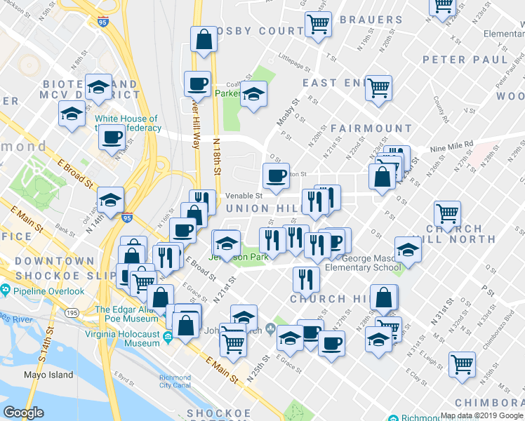 map of restaurants, bars, coffee shops, grocery stores, and more near in Richmond