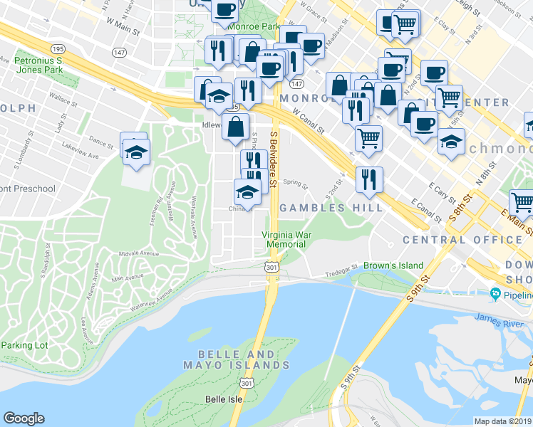 map of restaurants, bars, coffee shops, grocery stores, and more near 607 China Street in Richmond