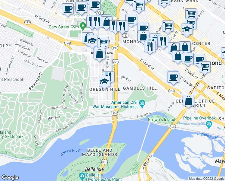 map of restaurants, bars, coffee shops, grocery stores, and more near 607 China Street in Richmond