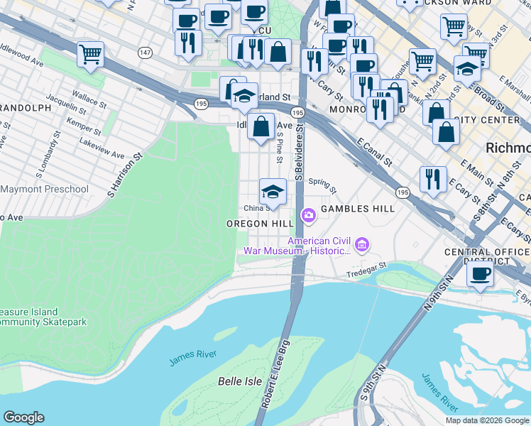 map of restaurants, bars, coffee shops, grocery stores, and more near in Richmond