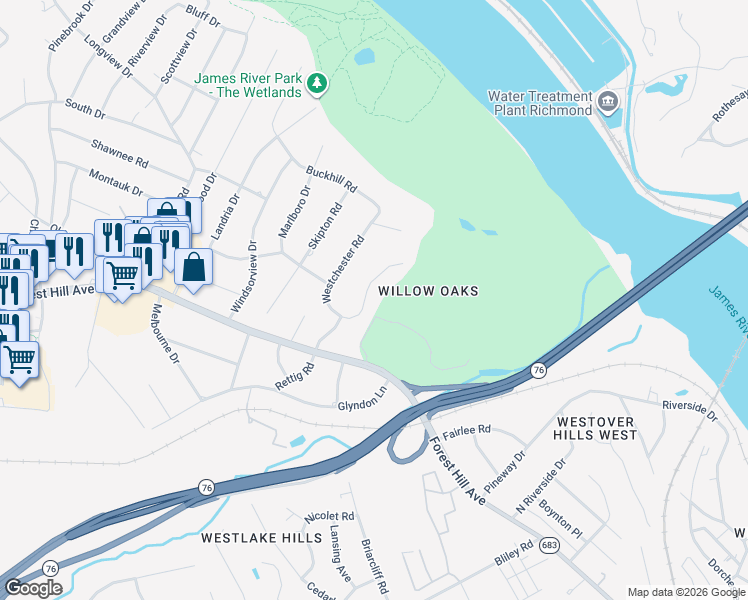 map of restaurants, bars, coffee shops, grocery stores, and more near 2841 Braidwood Road in Richmond