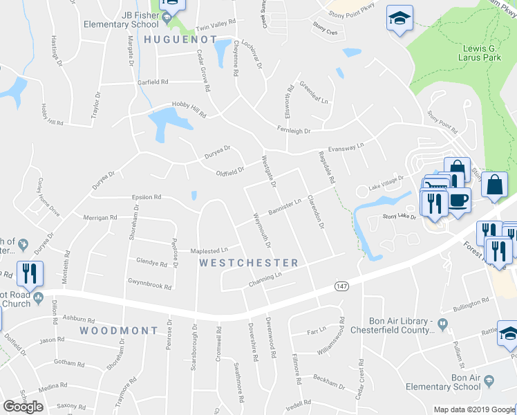 map of restaurants, bars, coffee shops, grocery stores, and more near 3013 Weymouth Drive in Richmond