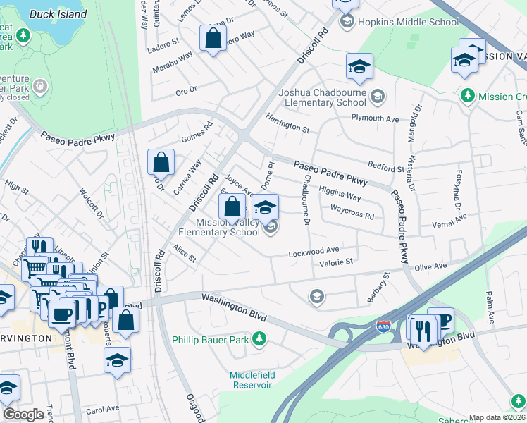 map of restaurants, bars, coffee shops, grocery stores, and more near 41581 Joyce Avenue in Fremont