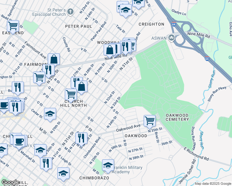 map of restaurants, bars, coffee shops, grocery stores, and more near 1417 North 32nd Street in Richmond