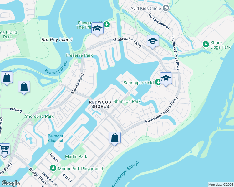 map of restaurants, bars, coffee shops, grocery stores, and more near 739 Mediterranean Lane in Redwood City
