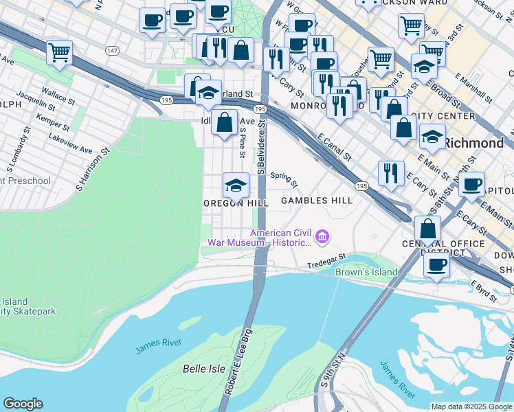 map of restaurants, bars, coffee shops, grocery stores, and more near 607 China Street in Richmond