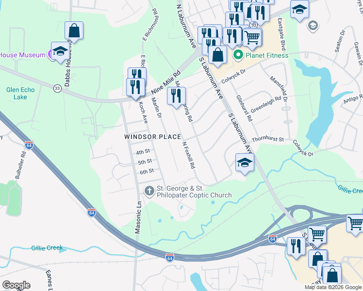 map of restaurants, bars, coffee shops, grocery stores, and more near 306 North Foxhill Road in Richmond