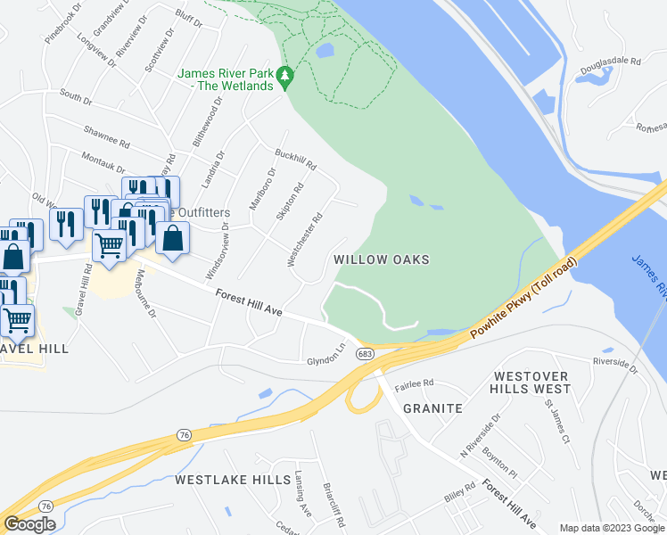 map of restaurants, bars, coffee shops, grocery stores, and more near 2841 Braidwood Road in Richmond