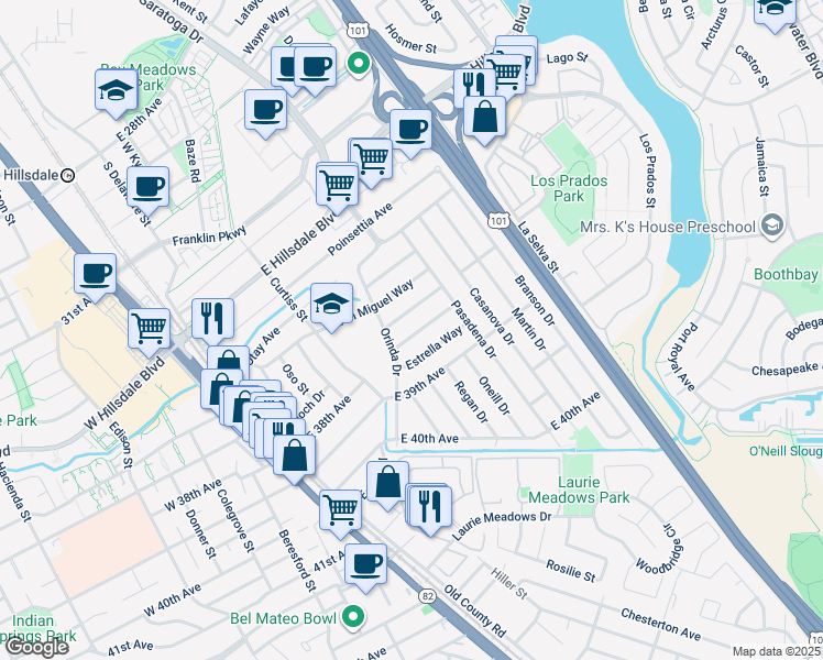 map of restaurants, bars, coffee shops, grocery stores, and more near 217 Del Rosa Way in San Mateo