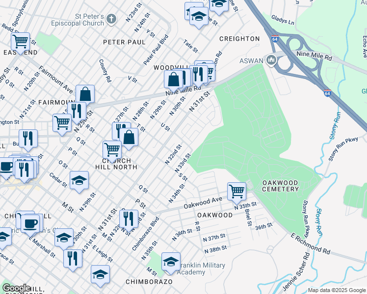 map of restaurants, bars, coffee shops, grocery stores, and more near 1417 North 32nd Street in Richmond