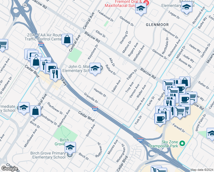 map of restaurants, bars, coffee shops, grocery stores, and more near 5279 Reeder Court in Fremont