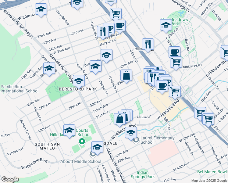 map of restaurants, bars, coffee shops, grocery stores, and more near 208 30th Avenue in San Mateo