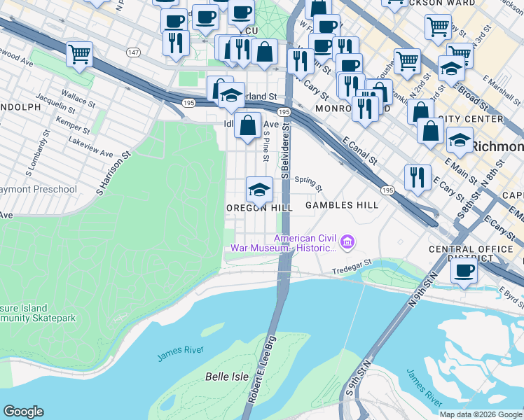 map of restaurants, bars, coffee shops, grocery stores, and more near 600 South Pine Street in Richmond
