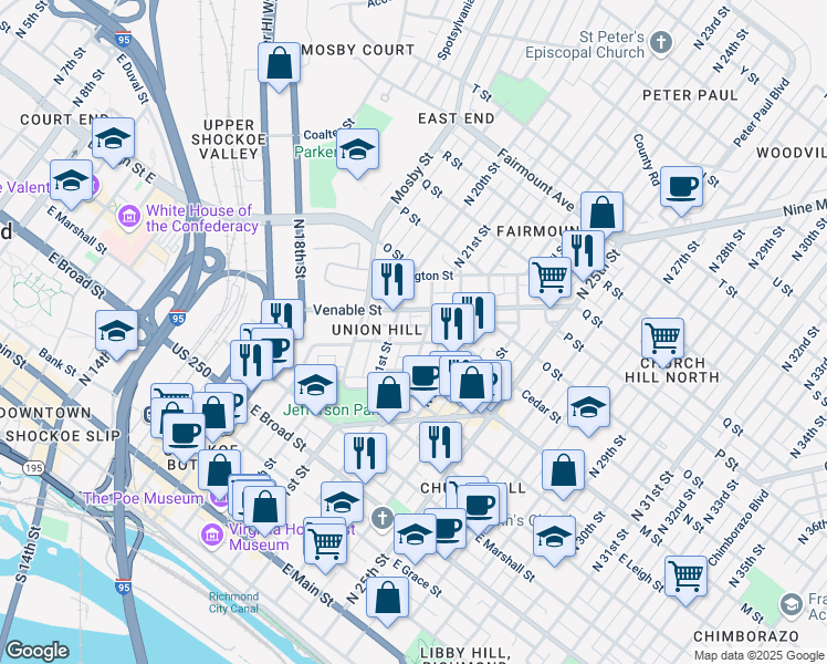 map of restaurants, bars, coffee shops, grocery stores, and more near 2200 Cedar Street in Richmond