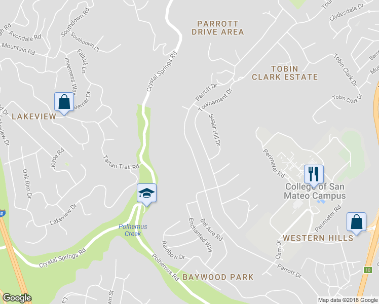 map of restaurants, bars, coffee shops, grocery stores, and more near 1136 Parrott Drive in San Mateo