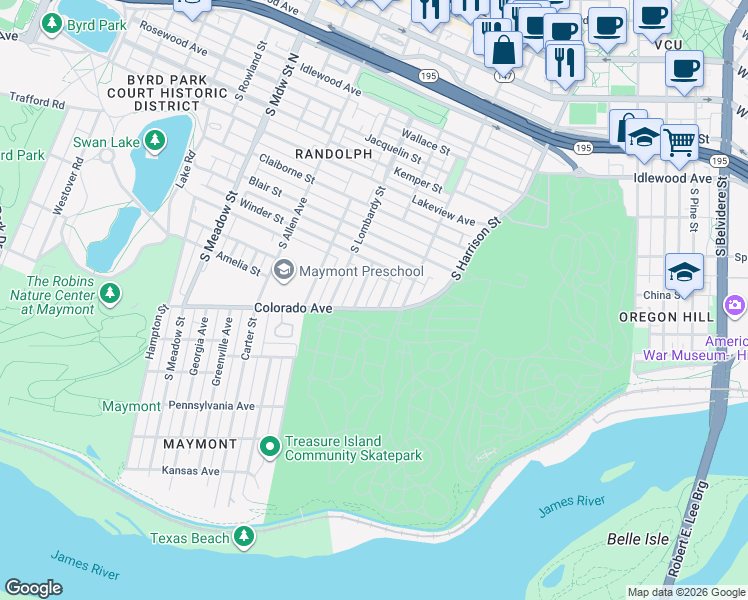 map of restaurants, bars, coffee shops, grocery stores, and more near 1134 Meade Street in Richmond
