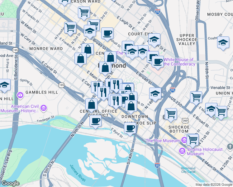 map of restaurants, bars, coffee shops, grocery stores, and more near East Main Street in Richmond