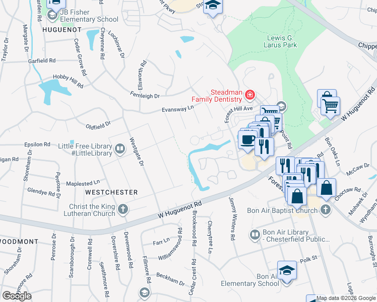 map of restaurants, bars, coffee shops, grocery stores, and more near 3142 Lake Village Drive in Richmond