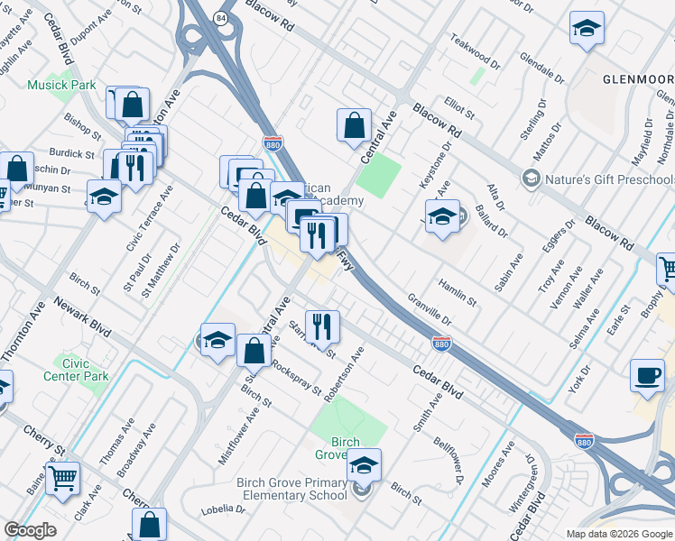 map of restaurants, bars, coffee shops, grocery stores, and more near 37643 Timber Street in Newark