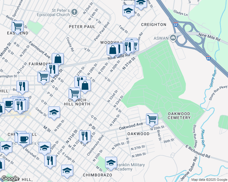 map of restaurants, bars, coffee shops, grocery stores, and more near 1405 North 32nd Street in Richmond