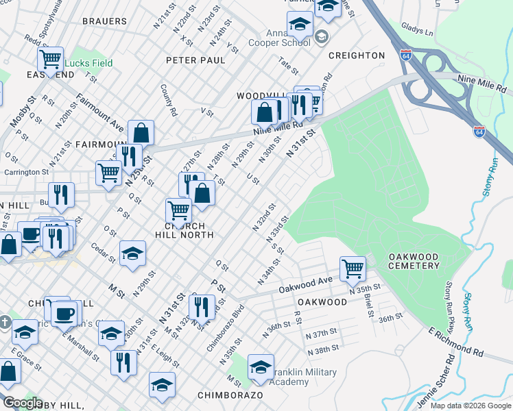 map of restaurants, bars, coffee shops, grocery stores, and more near 1315 1/2 North 31st Street in Richmond