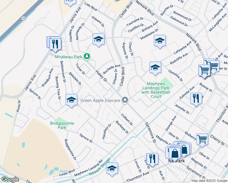 map of restaurants, bars, coffee shops, grocery stores, and more near 36184 Toulouse Street in Newark
