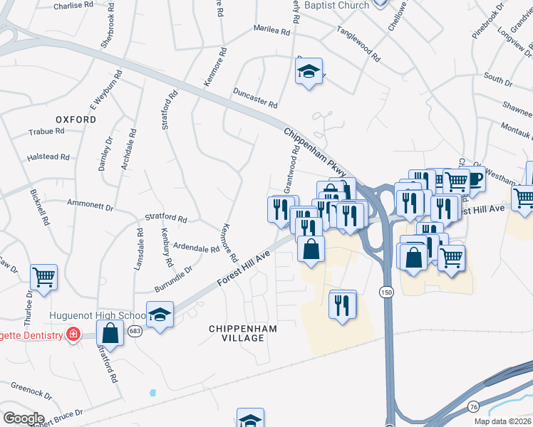 map of restaurants, bars, coffee shops, grocery stores, and more near 2716 Grantwood Road in Richmond