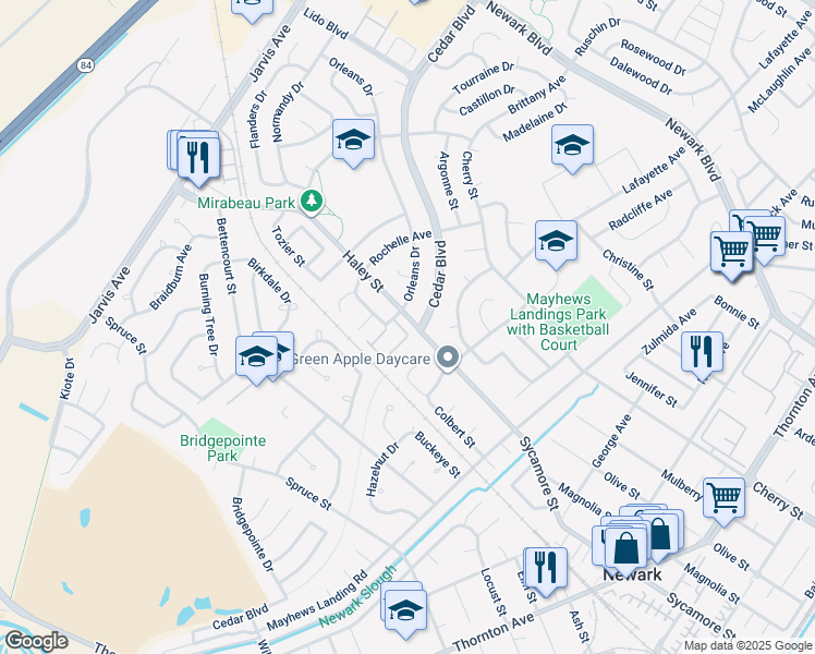 map of restaurants, bars, coffee shops, grocery stores, and more near 36184 Toulouse Street in Newark