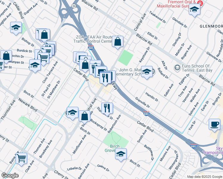 map of restaurants, bars, coffee shops, grocery stores, and more near 37660 Timber Street in Newark