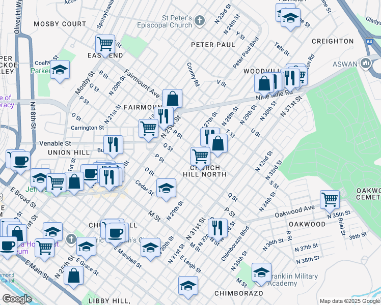 map of restaurants, bars, coffee shops, grocery stores, and more near 1117 North 27th Street in Richmond