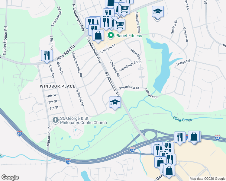 map of restaurants, bars, coffee shops, grocery stores, and more near in Henrico County