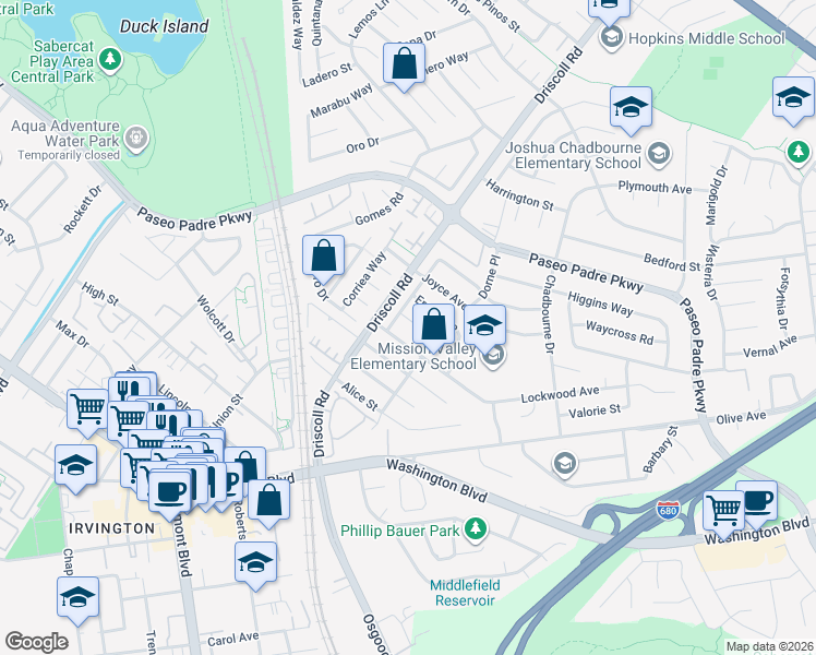 map of restaurants, bars, coffee shops, grocery stores, and more near 41235 Norman Court in Fremont