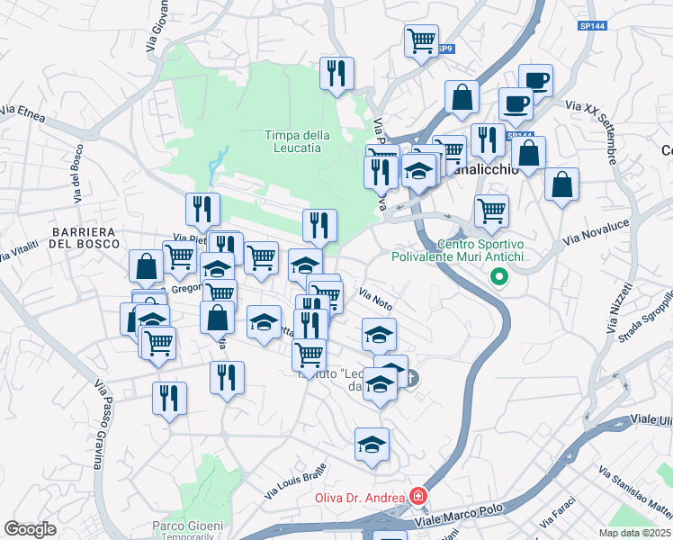 map of restaurants, bars, coffee shops, grocery stores, and more near 209 Via Pietra dell'Ova in Catania