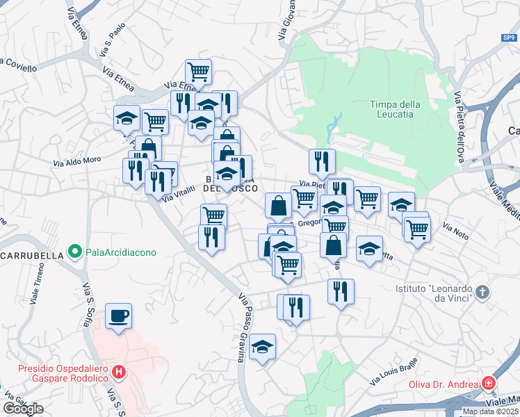 map of restaurants, bars, coffee shops, grocery stores, and more near 235 Via del Bosco in Catania