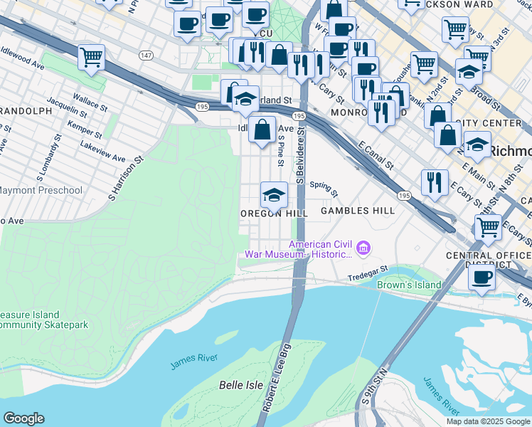 map of restaurants, bars, coffee shops, grocery stores, and more near in Richmond