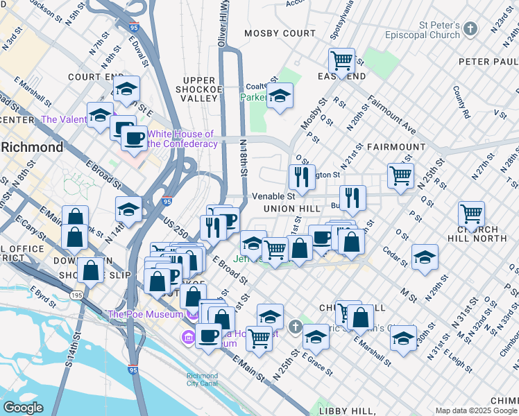 map of restaurants, bars, coffee shops, grocery stores, and more near 1904 Cedar Street in Richmond