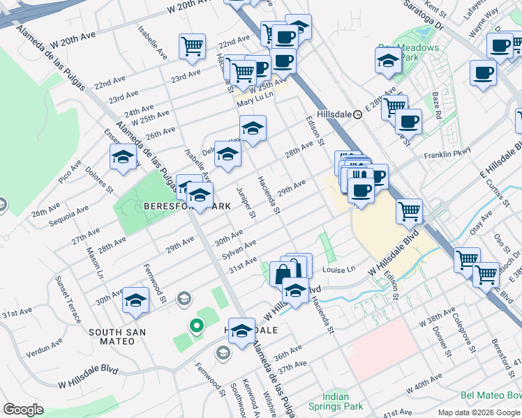 map of restaurants, bars, coffee shops, grocery stores, and more near 208 30th Avenue in San Mateo