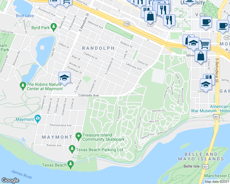 map of restaurants, bars, coffee shops, grocery stores, and more near 1119 Meade Street in Richmond