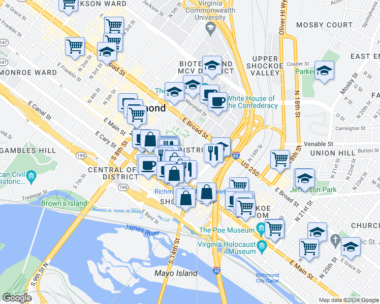 map of restaurants, bars, coffee shops, grocery stores, and more near East Grace Street in Richmond