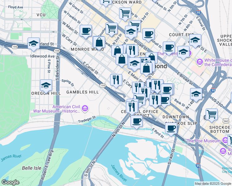 map of restaurants, bars, coffee shops, grocery stores, and more near 230 North 6th Street in Richmond