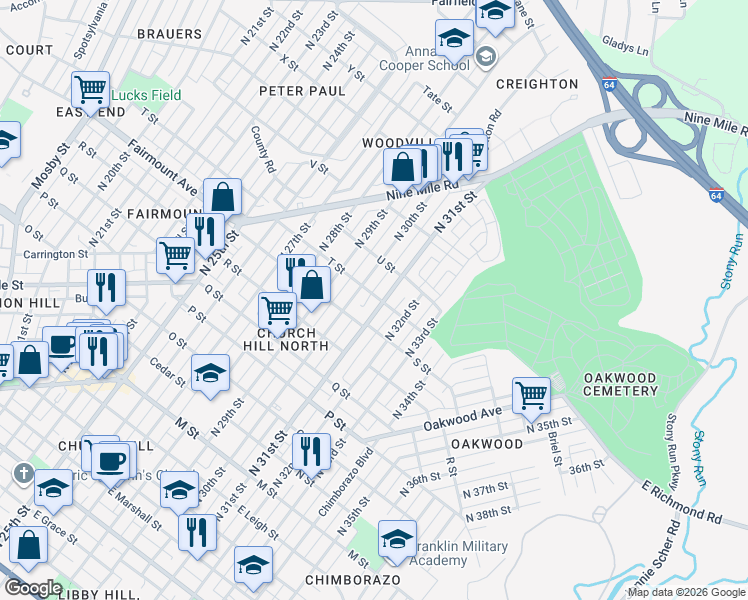 map of restaurants, bars, coffee shops, grocery stores, and more near 1315 1/2 North 31st Street in Richmond