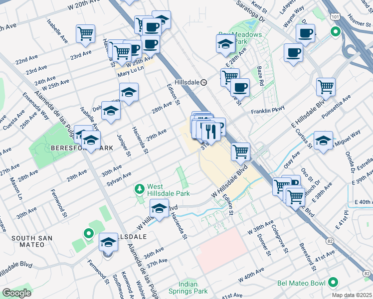 map of restaurants, bars, coffee shops, grocery stores, and more near 59 31st Avenue in San Mateo