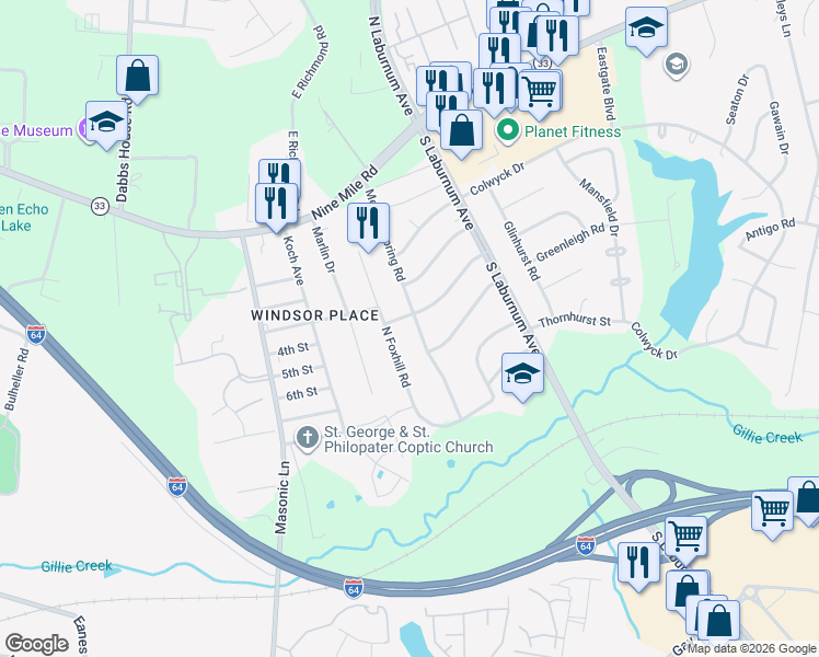 map of restaurants, bars, coffee shops, grocery stores, and more near 306 Meadowspring Road in Richmond