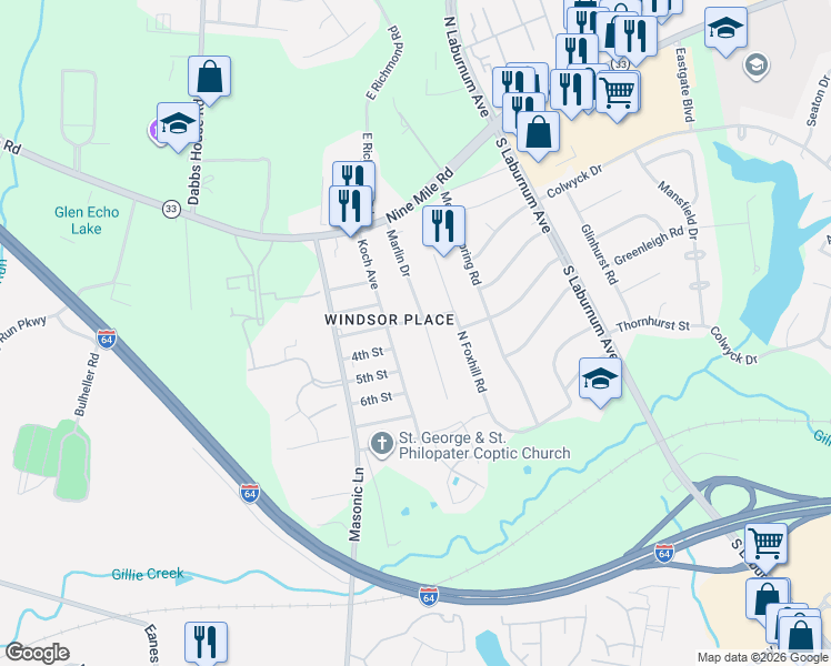 map of restaurants, bars, coffee shops, grocery stores, and more near 306 Marlin Drive in Richmond