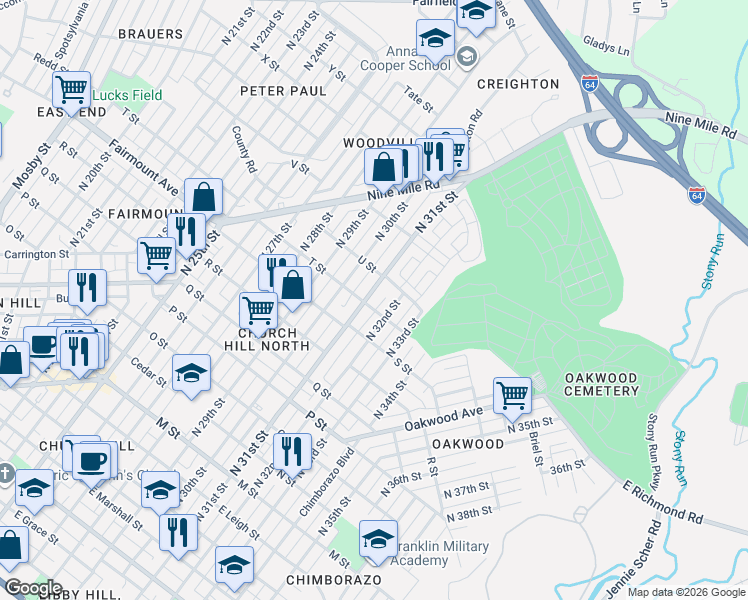 map of restaurants, bars, coffee shops, grocery stores, and more near 1315 1/2 North 31st Street in Richmond