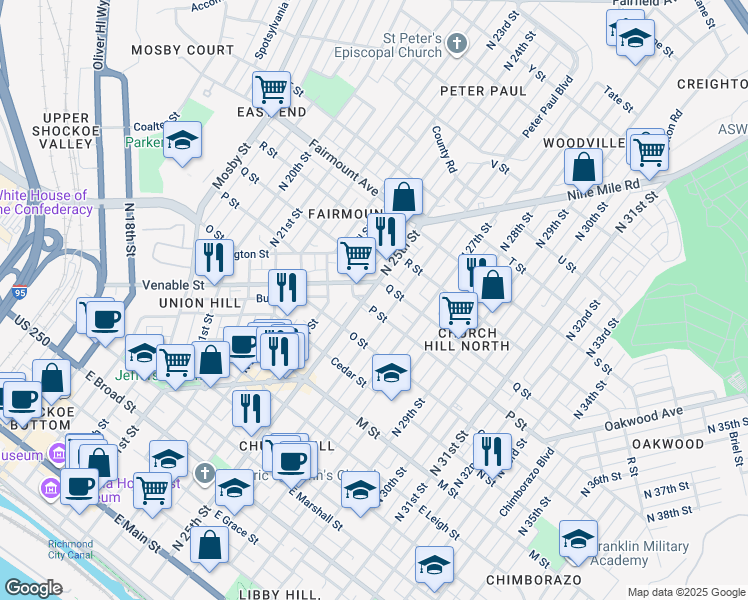 map of restaurants, bars, coffee shops, grocery stores, and more near 1004 1/2 North 26th Street in Richmond