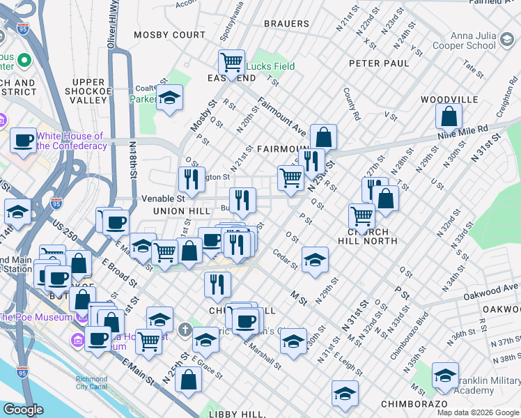 map of restaurants, bars, coffee shops, grocery stores, and more near 826 North 24th Street in Richmond