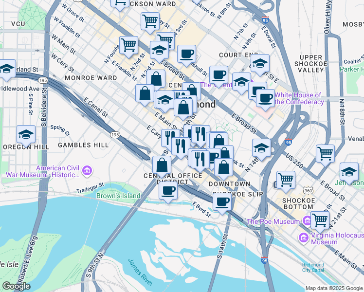 map of restaurants, bars, coffee shops, grocery stores, and more near 801 East Cary Street in Richmond