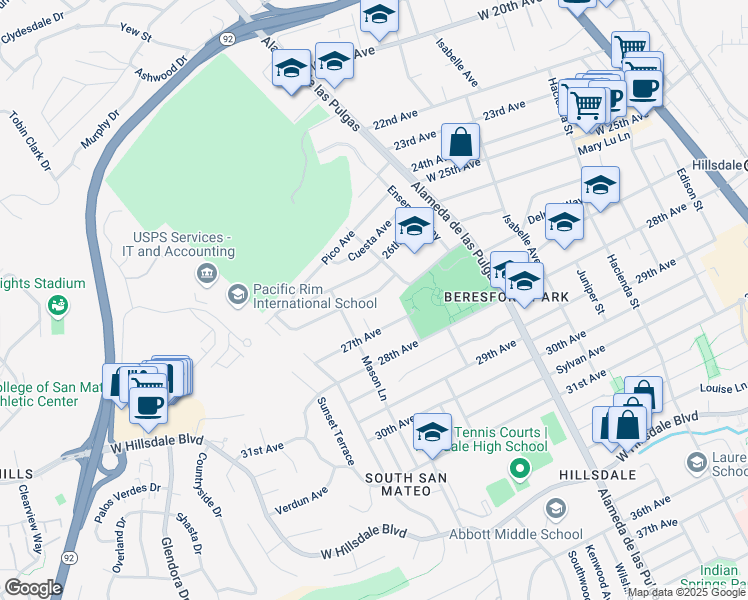 map of restaurants, bars, coffee shops, grocery stores, and more near 735 Sequoia Avenue in San Mateo